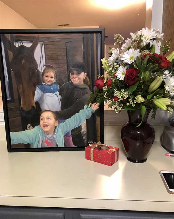 an oil painting of a happy family in a barn with a horse