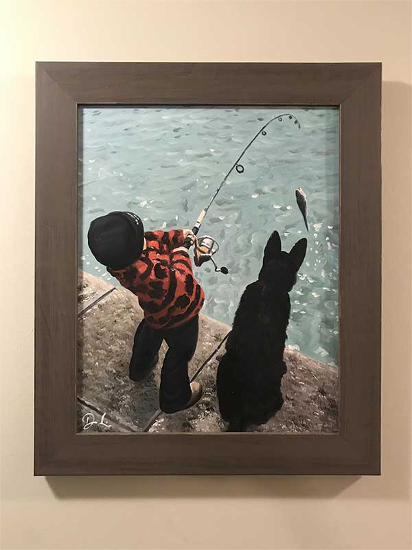 an oil painting of a boy and a dog by the pool fishing