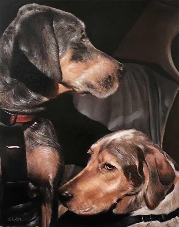 an oil painting of two big dogs together black background
