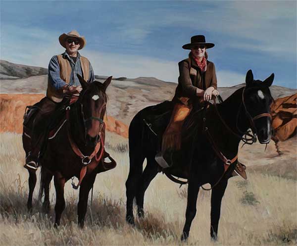 an oil painting of two horse riders in the field
