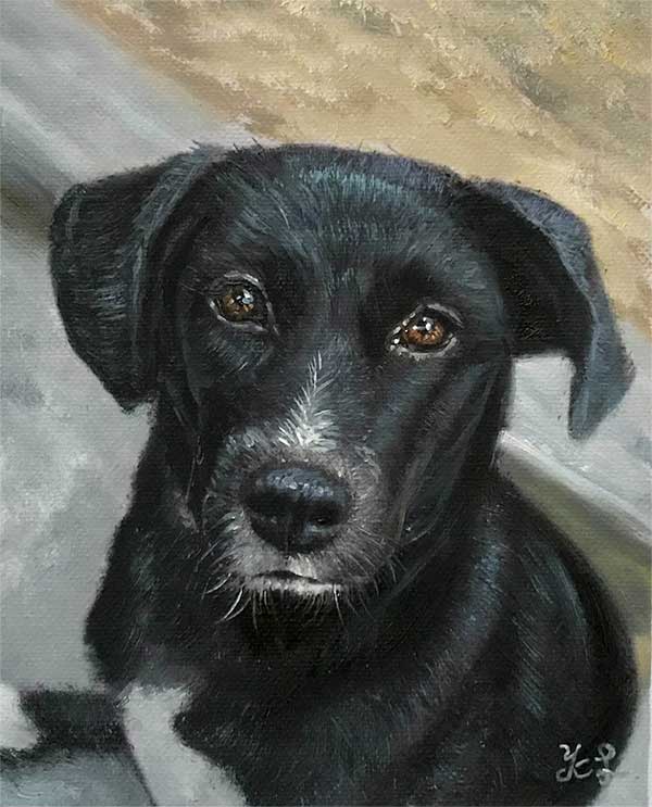 an oil painting of a black dog with brown eyes
