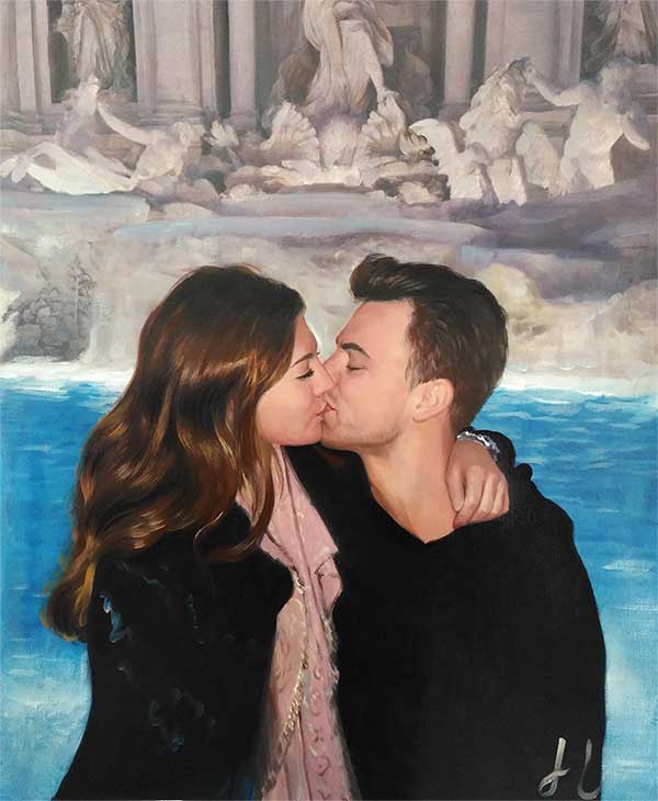 an oil painting of a couple by the fountain statues