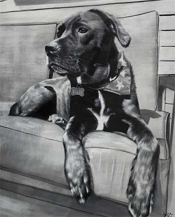 an oil painting of a dog on a couch black and white