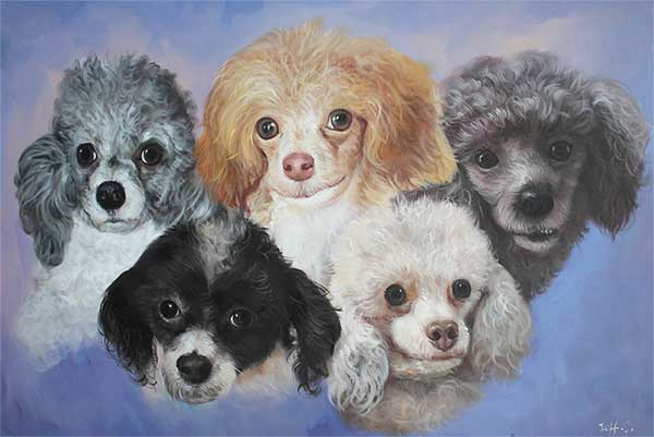 an oil painting of poodles brown white black grey gray