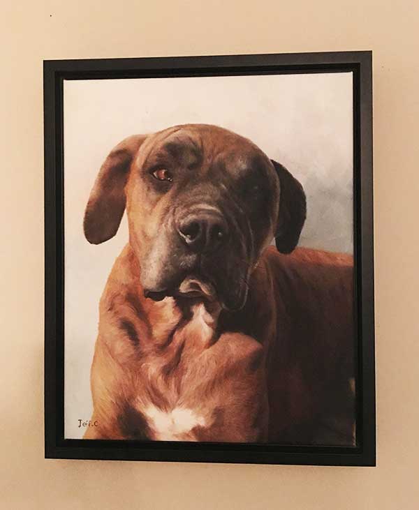 an oil painting of a brown dog memorial