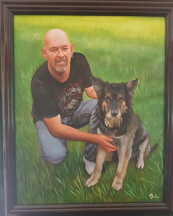 an oil painting of a man with his beloved best friend dog