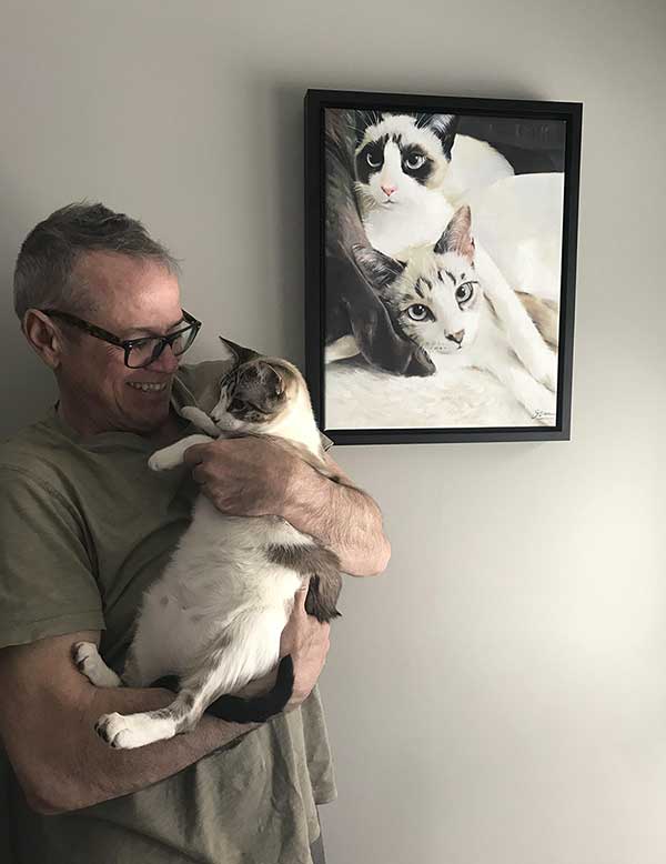 an oil painting of two black and white cats with blue eyes