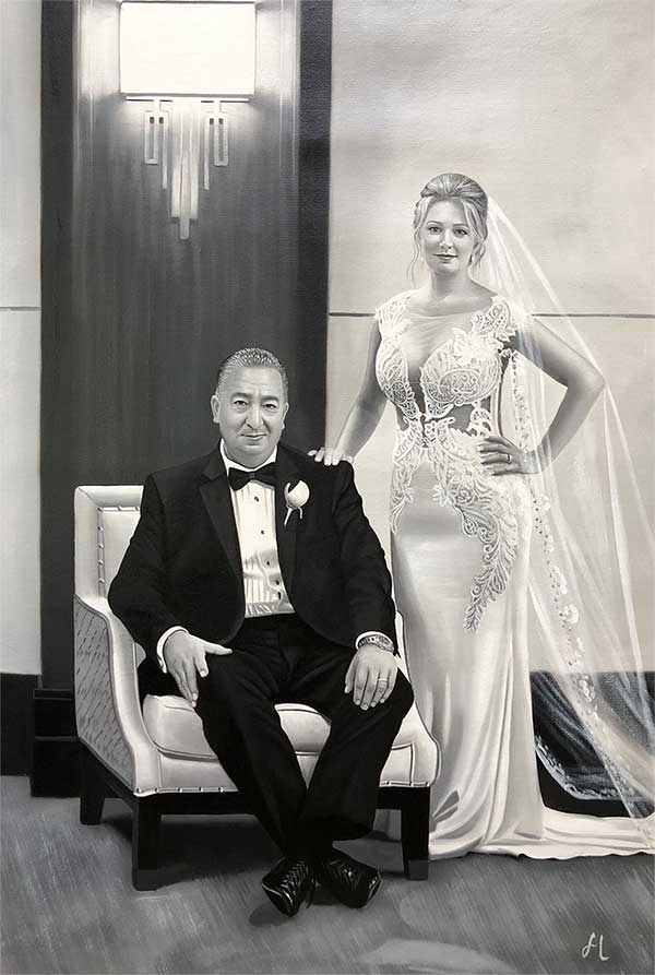 a black and white oil painting of a couple wedding portrait