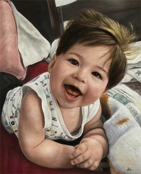 an oil painting of a child smiling