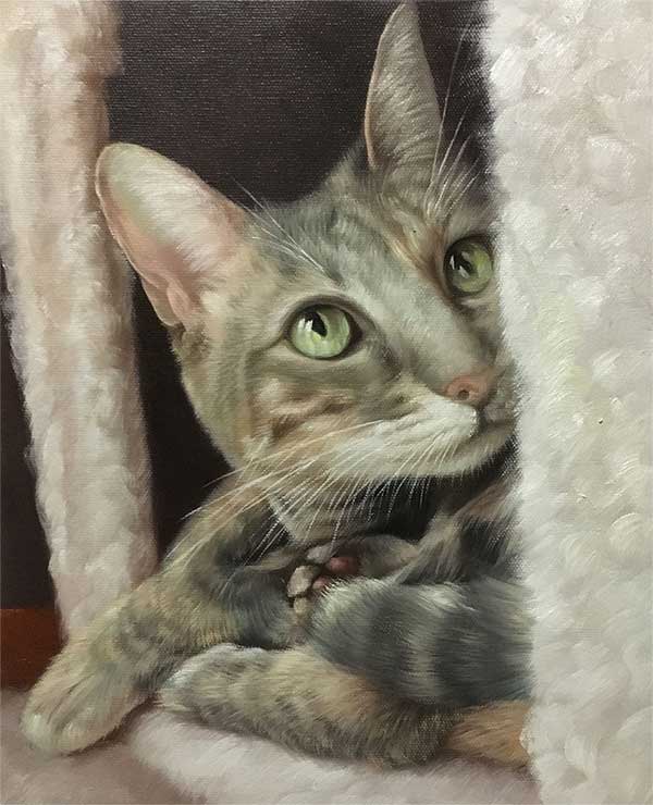 an oil painting of a striped gray grey cat in its house