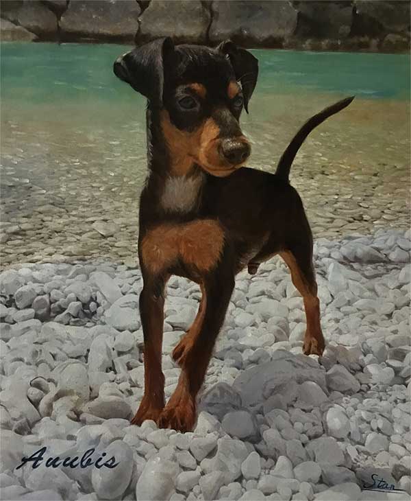 an oil painting of a tiny dog by the riverside rocky ground
