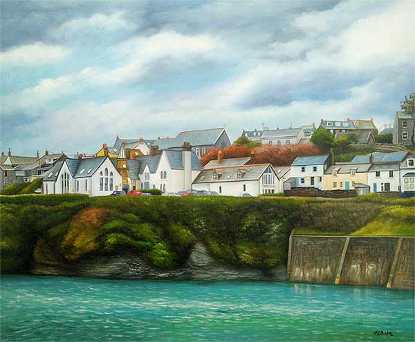 an oil painting of a little village by the shore of the lake