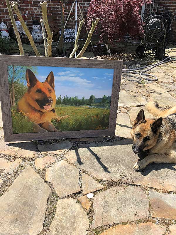 an oil painting of a german shepherd green field blue sky