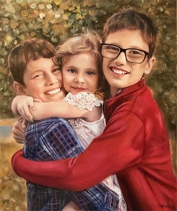 custom painting of three loving kids under the sunlight