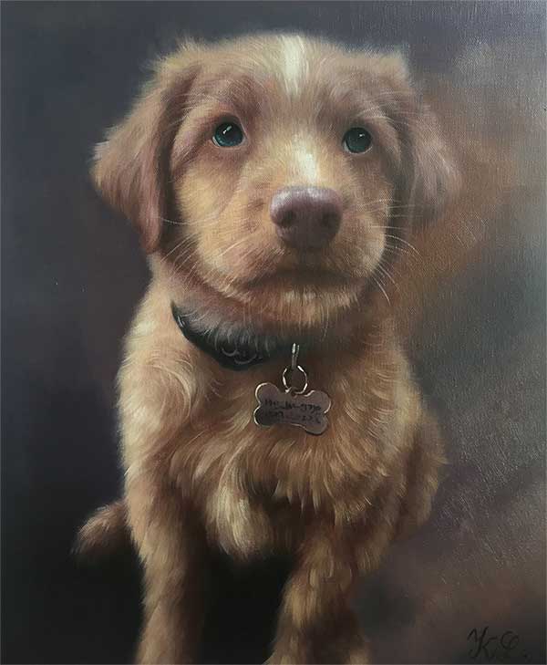 an oil painting of a tiny brown puppy