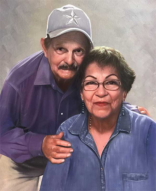 an oil painting of an loving elderly couple