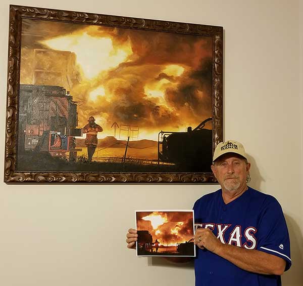 an oil panting of a fireman fighting the fire