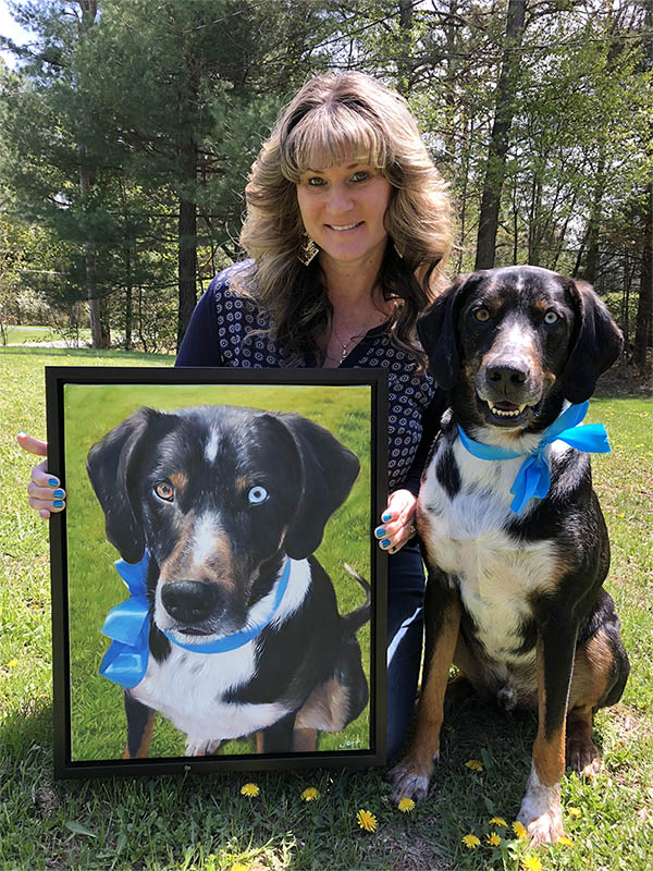 an oil painting of a dog with blue brown eyes