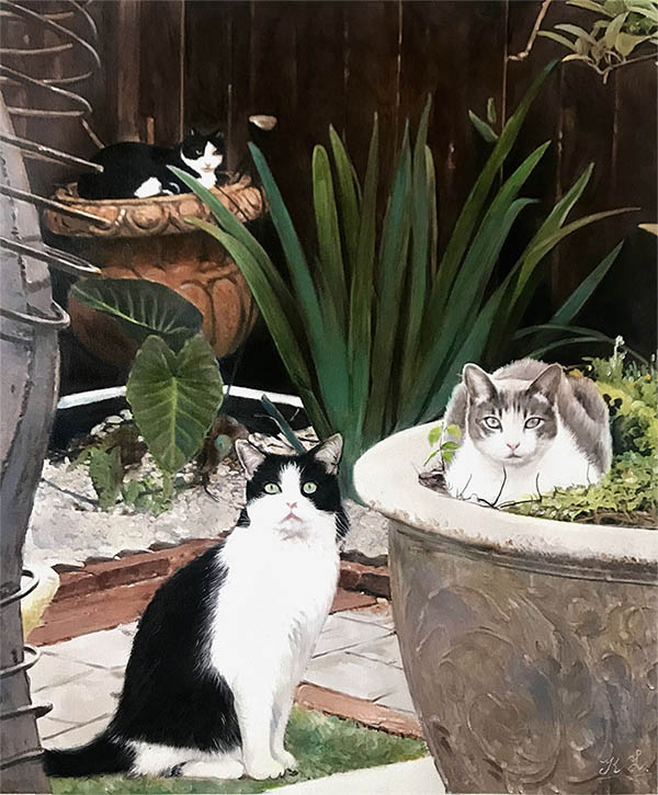 oil painting cats in the garden