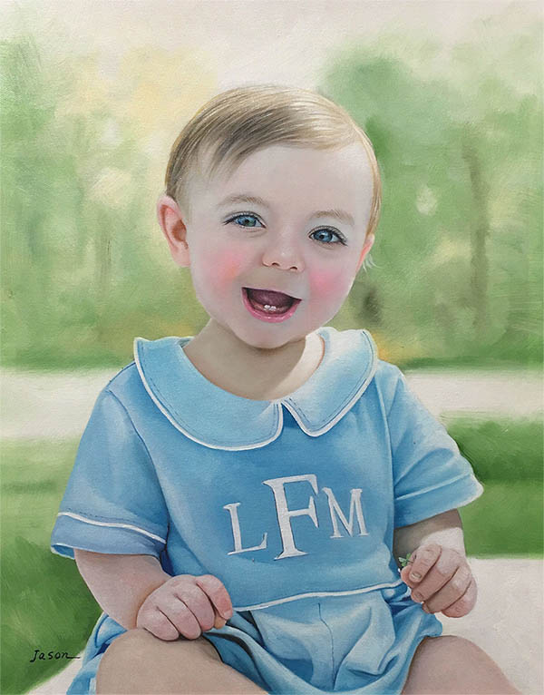 an oil painting of a young child smiling a blue clothes