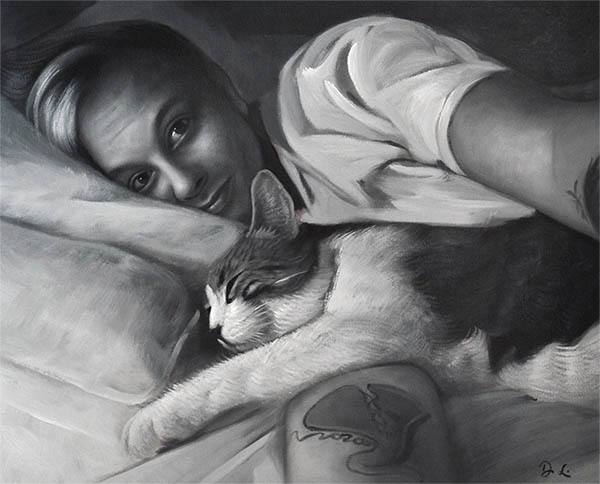 an oil painting of a cat and its owner sentimental