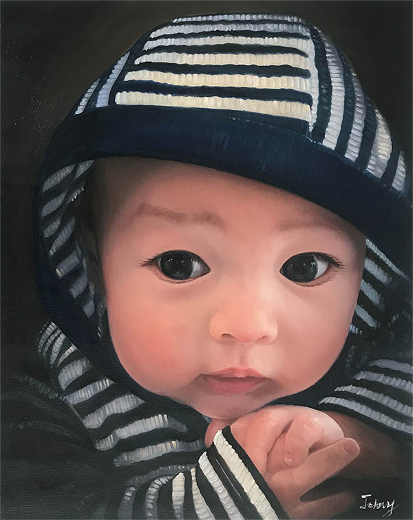 an oil painting of a child in a hoodie