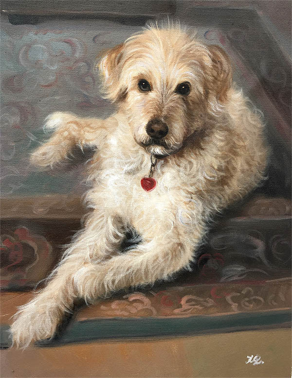 an oil painting of a white dog