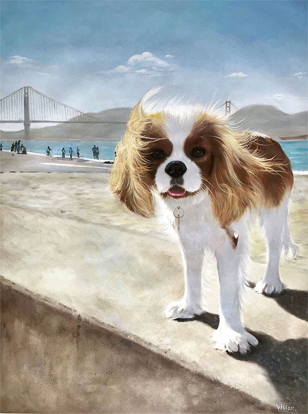 an oil painting of a small dog happy by the beach