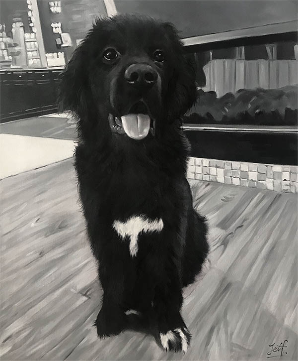 a black and white oil painting of a happy dog