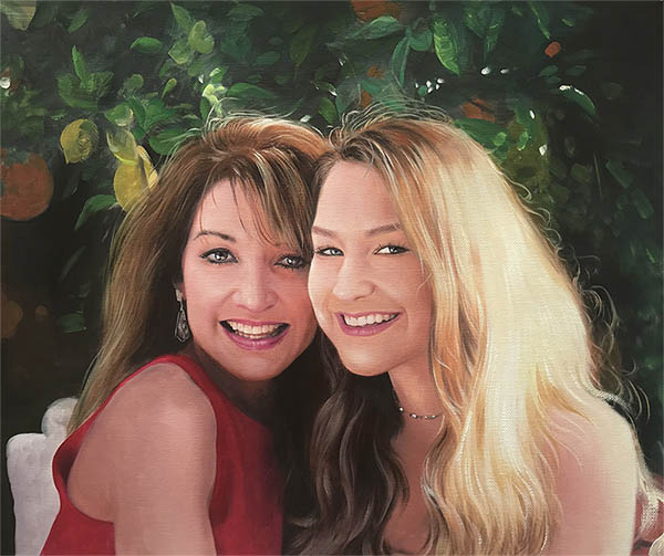 an oil painting of a happy family members daughter mother