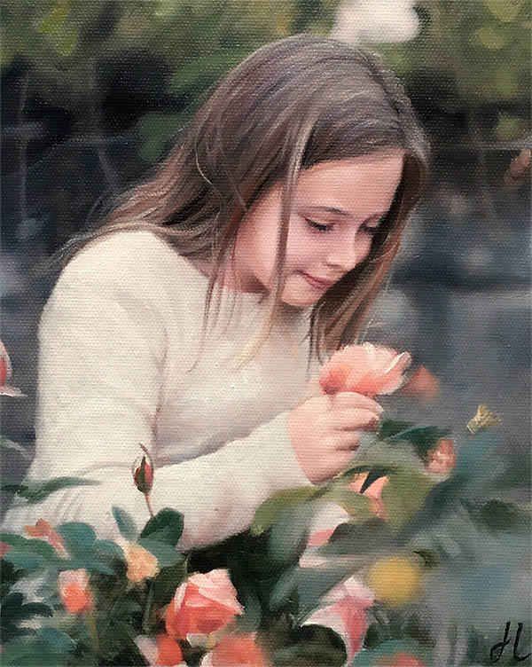 an oil painting of a girl roses