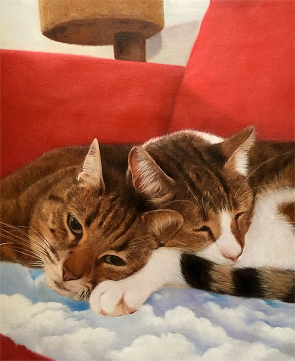 an oil painting of cats sleeping on a cloudy pillow