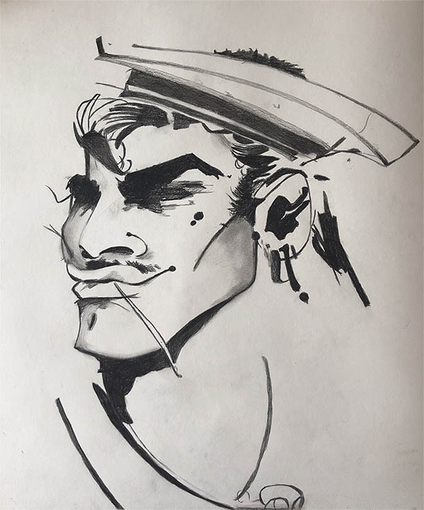 a charcoal painting of a sailor caricature