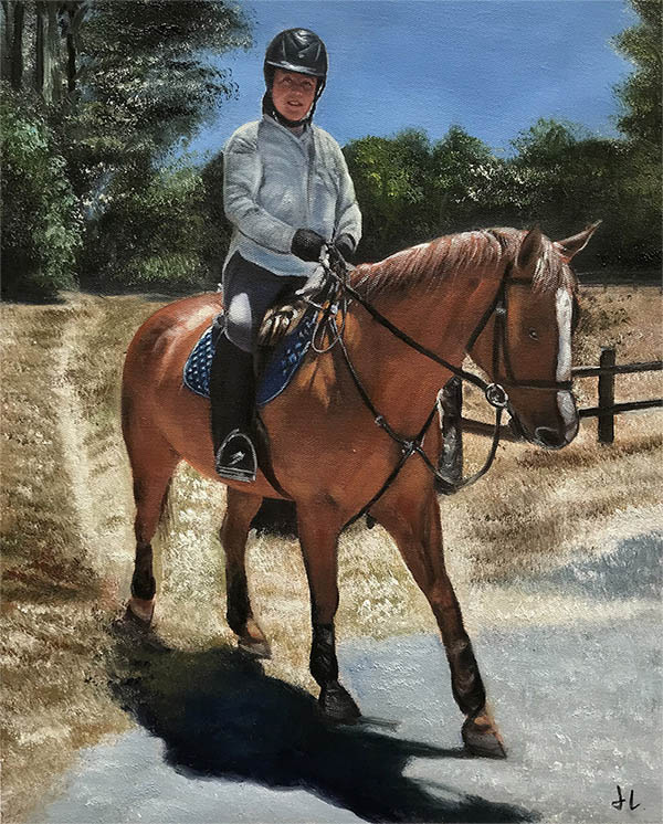 an oil painting of a brown horse and a jokey
