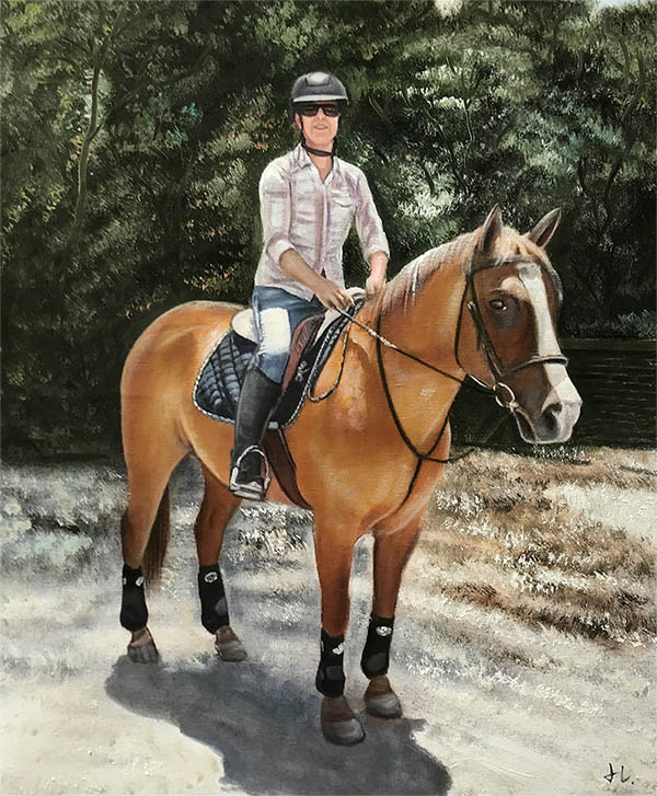 an oil painting of a horse brown jokey