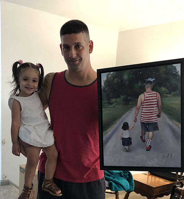an oil painting of a father and daughter