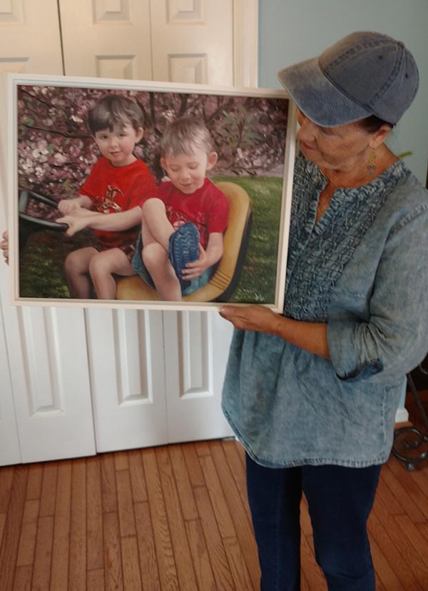 an oil painting of two kids car fun