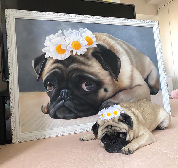 an oil painting of a pug with daisy flower crown