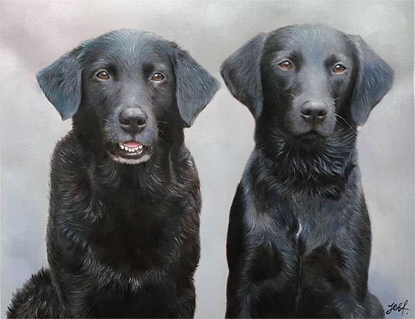 an oil painting of two black labs