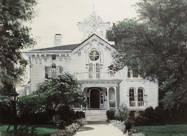 an oil painting of a house in shades for grey dark green
