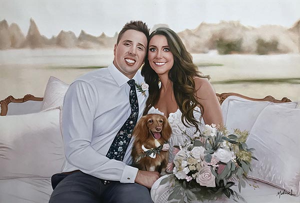 an oil painting of a couple cute wedding puppy dog