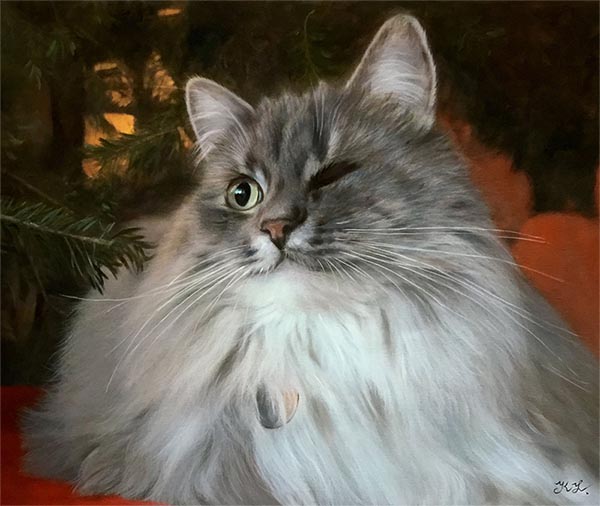 an oil painting of a cat long hair grey