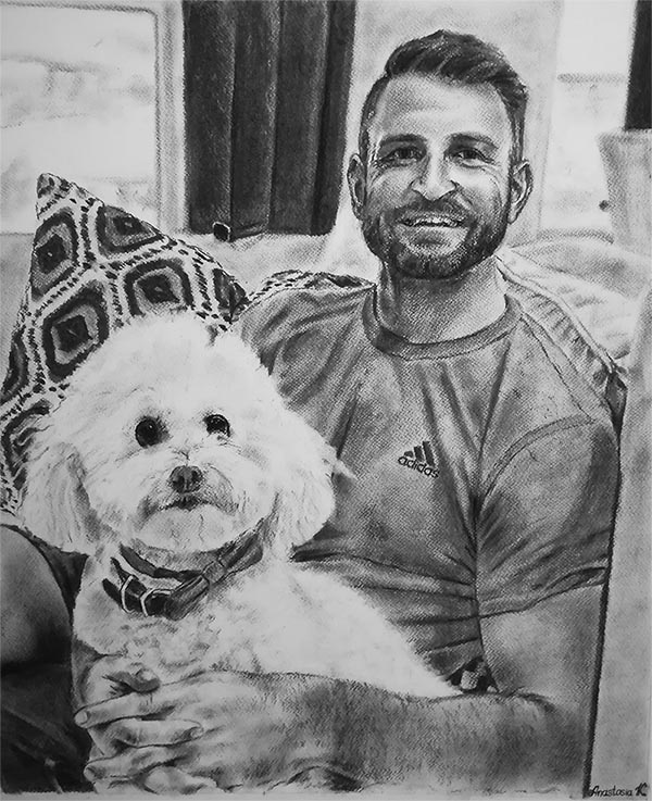 a charcoal drawing of a man with his poodle