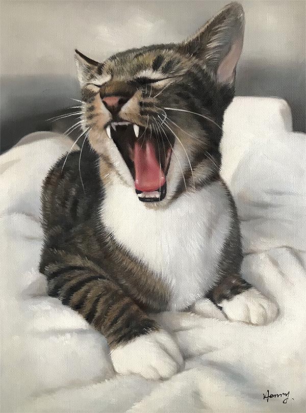 an oil painting of a cat yawning