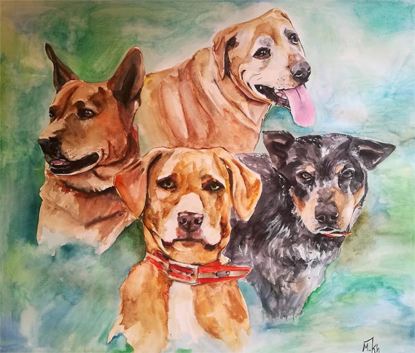 a watercolor painting of four dogs