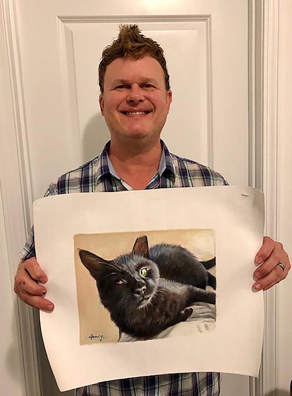 an oil painting of a black cat lying