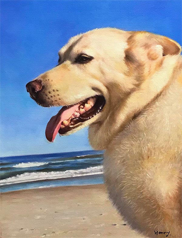 an oil painting of a white lab on a beach