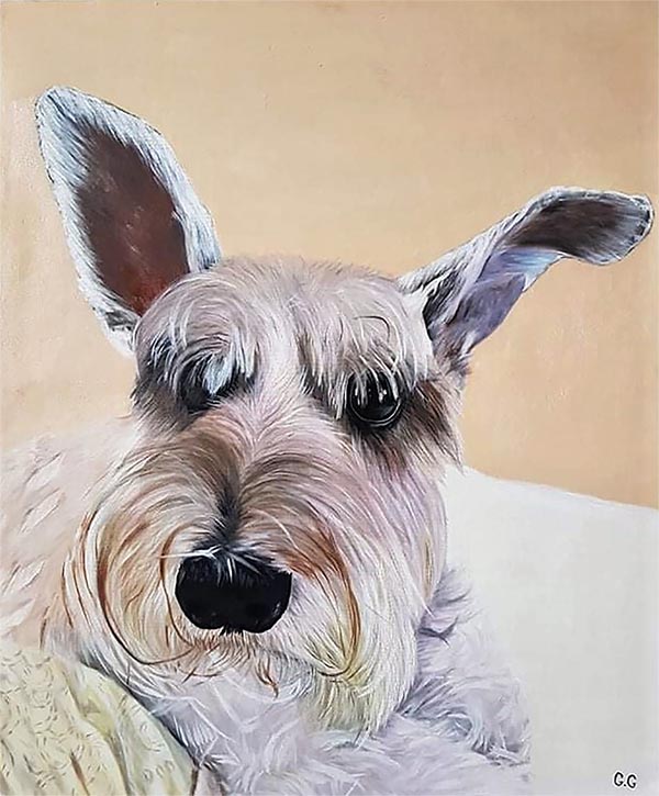 an oiol painting of a long hair dog beige background