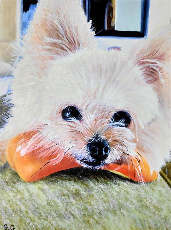 a handmade oil painting of a light blonde pomerian