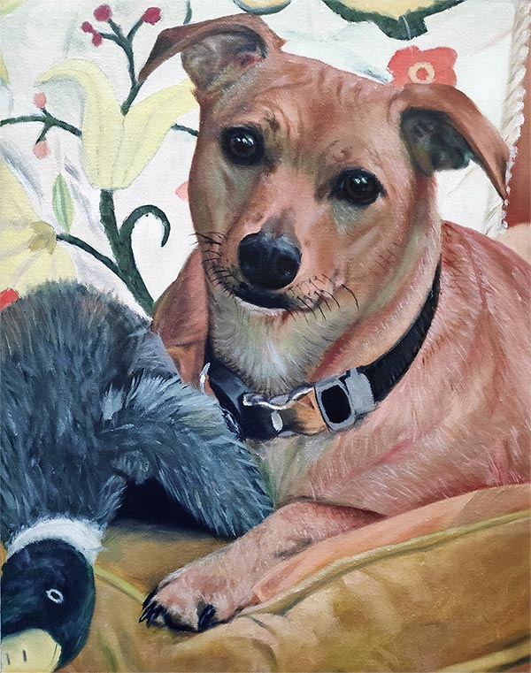 an oil painting of a dog with his toy duck